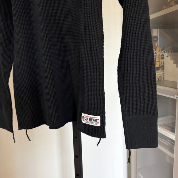 Iron Heart Waffle Knit Black Henley Long Sleeve Shirt M NEW Button Slim Pullover - Picture 4 of 7